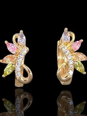 Gold Floral Multi-Color Crystal Huggie Earrings